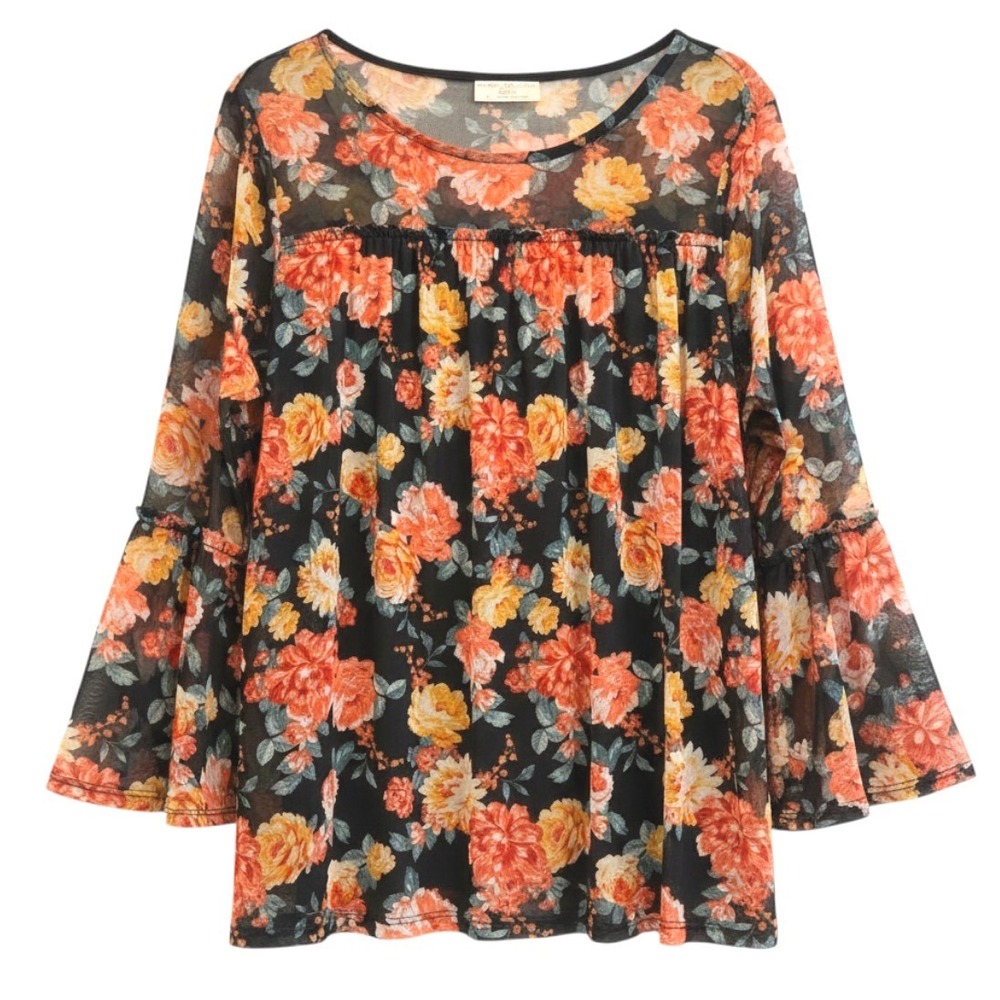 Bobbie Brooks Blouse Black Orange Floral Boho Mesh Bell Sleeve Womens Large